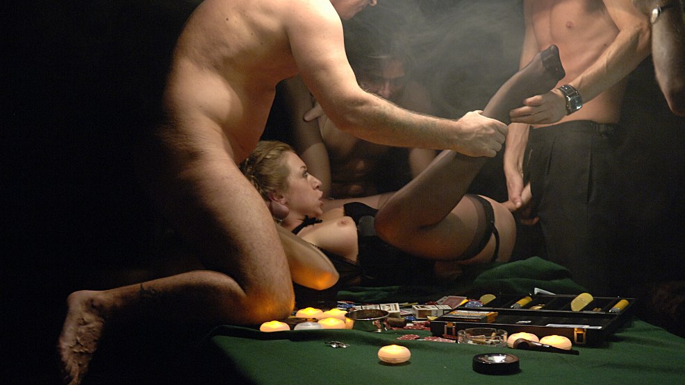 Waitress in stockings banged over poker table