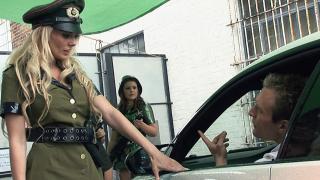 Sexy female soldiers have sex with two civilians