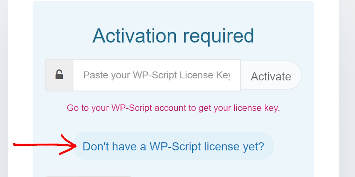 Main WordPress screen for WPScript Activation Required