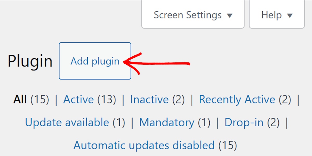 Screenshot of WordPress with an arrow pointing to “Add Plugin”